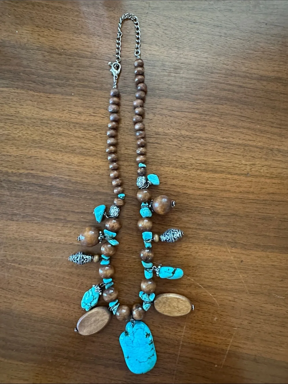 Turquoise and Wood Beaded Layered Bib Statement Necklace